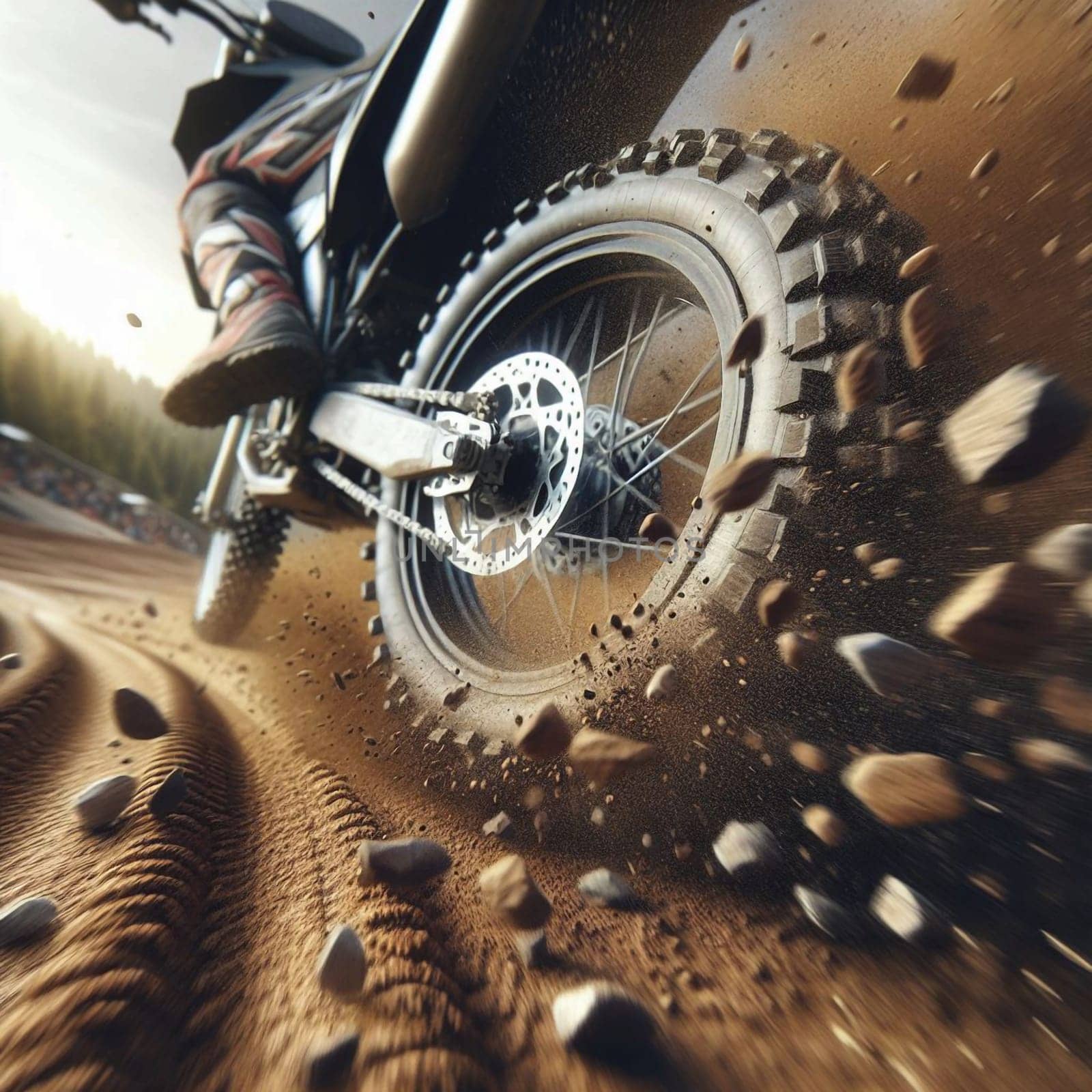 A photo of a dirt bike speeding through a track, with a focus on the rear wheel and the dirt flying up. A high-quality photo.