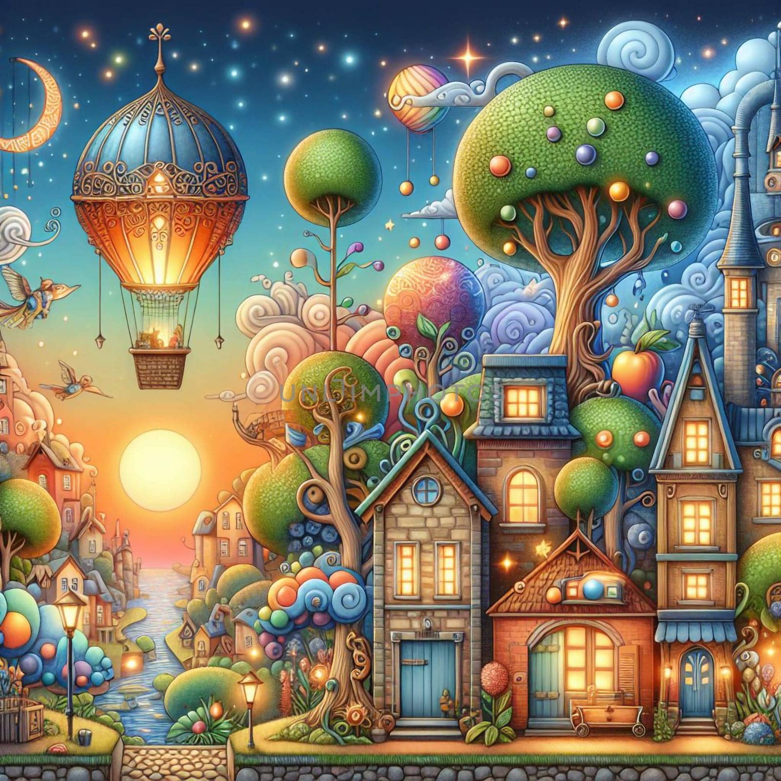 A whimsical illustration of a colorful town with houses, trees, and a hot air balloon, set against a starry sky. A high-quality photo.