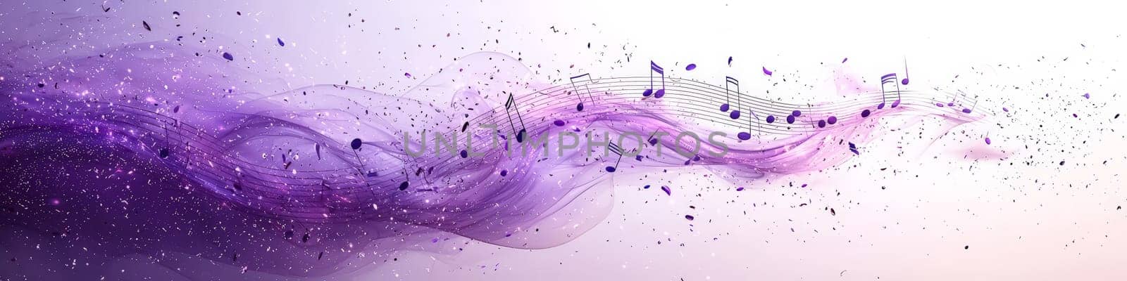 A dynamic 3D vector graphic of a twisting musical staff in elegant shades of purple, with musical notes floating off the staff in mid-air. Set against a clean white background, the image captures the essence of music in vibrant, abstract motion.