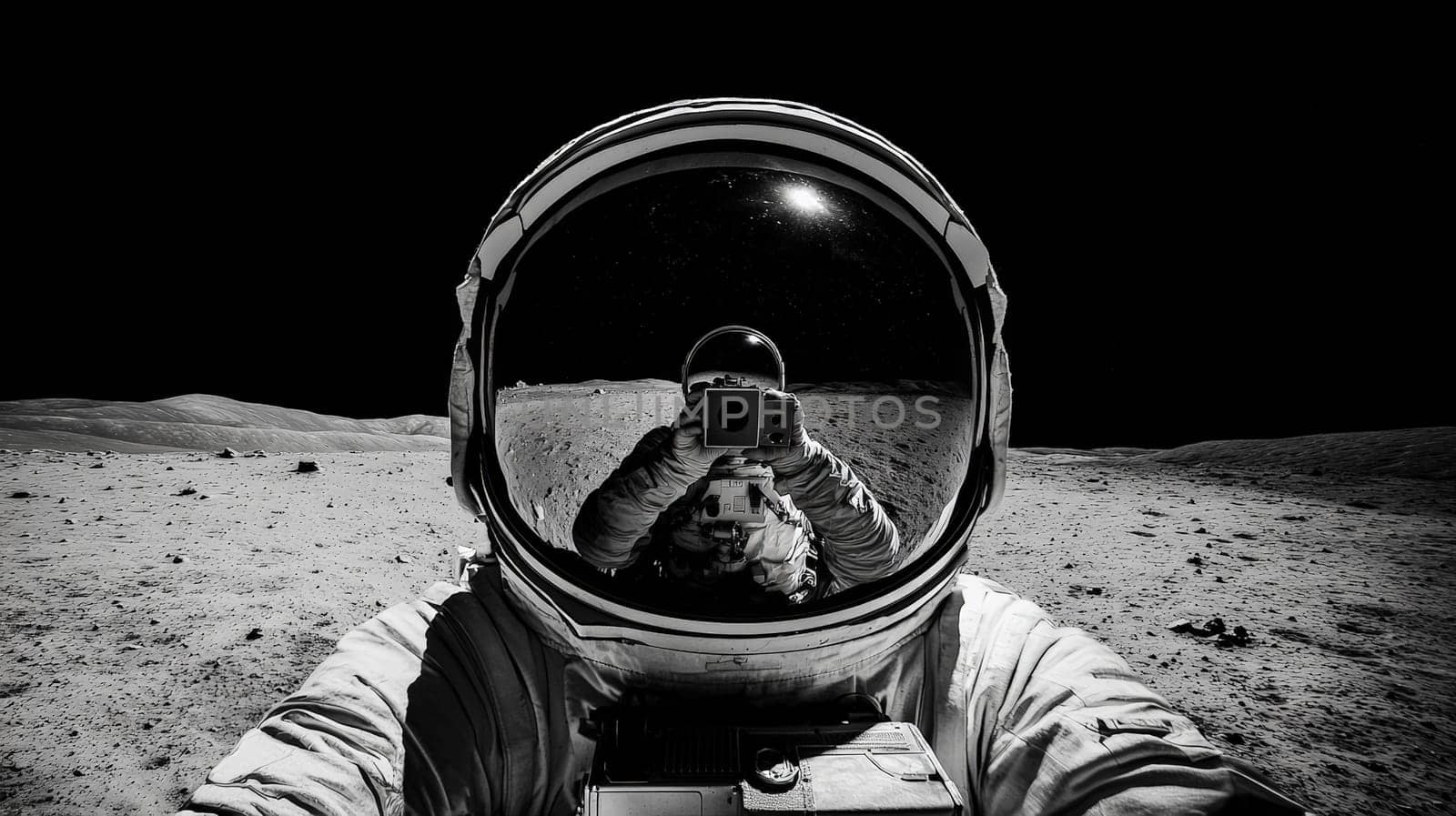 A close-up of an astronaut’s helmet, capturing the vast gray lunar surface beneath a pitch-black sky. Reflected in the visor is a fellow astronaut holding a camera, creating a striking visual of lunar exploration and human presence on the moon.