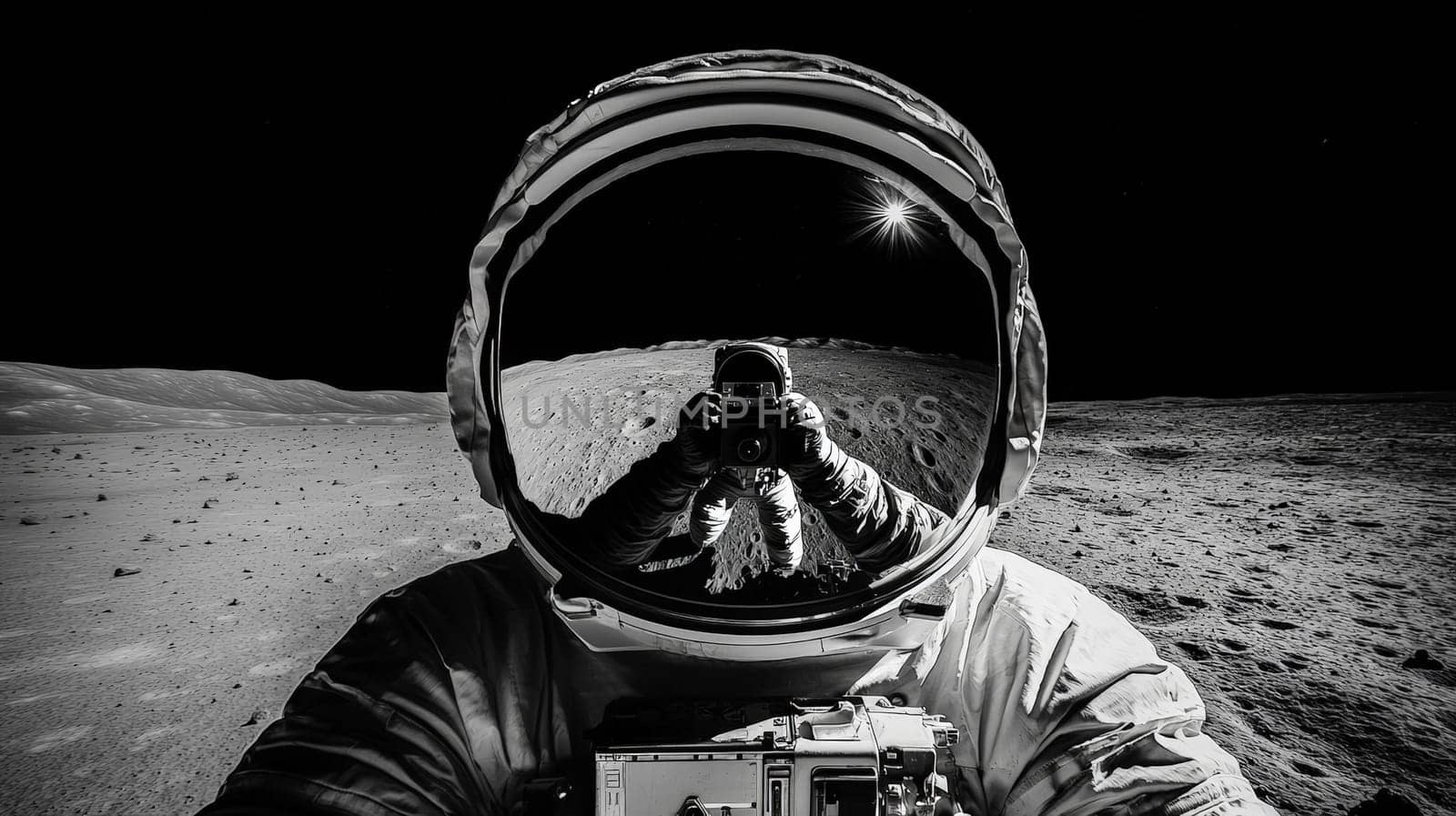 A close-up of an astronaut’s helmet, capturing the vast gray lunar surface beneath a pitch-black sky. Reflected in the visor is a fellow astronaut holding a camera, creating a striking visual of lunar exploration and human presence on the moon.