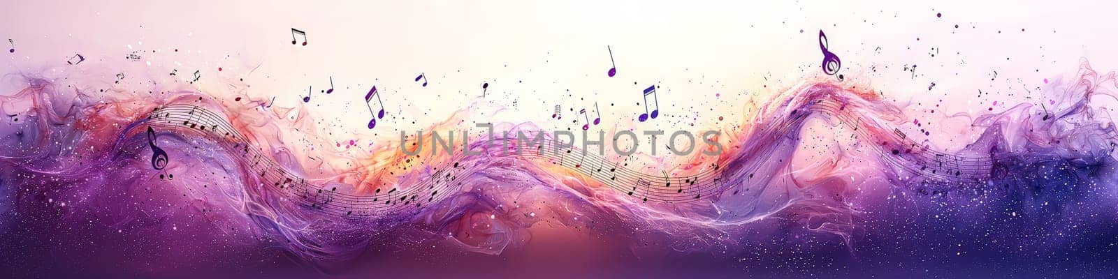 A dynamic 3D vector graphic of a twisting musical staff in elegant shades of purple, with musical notes floating off the staff in mid-air. Set against a clean white background, the image captures the essence of music in vibrant, abstract motion.