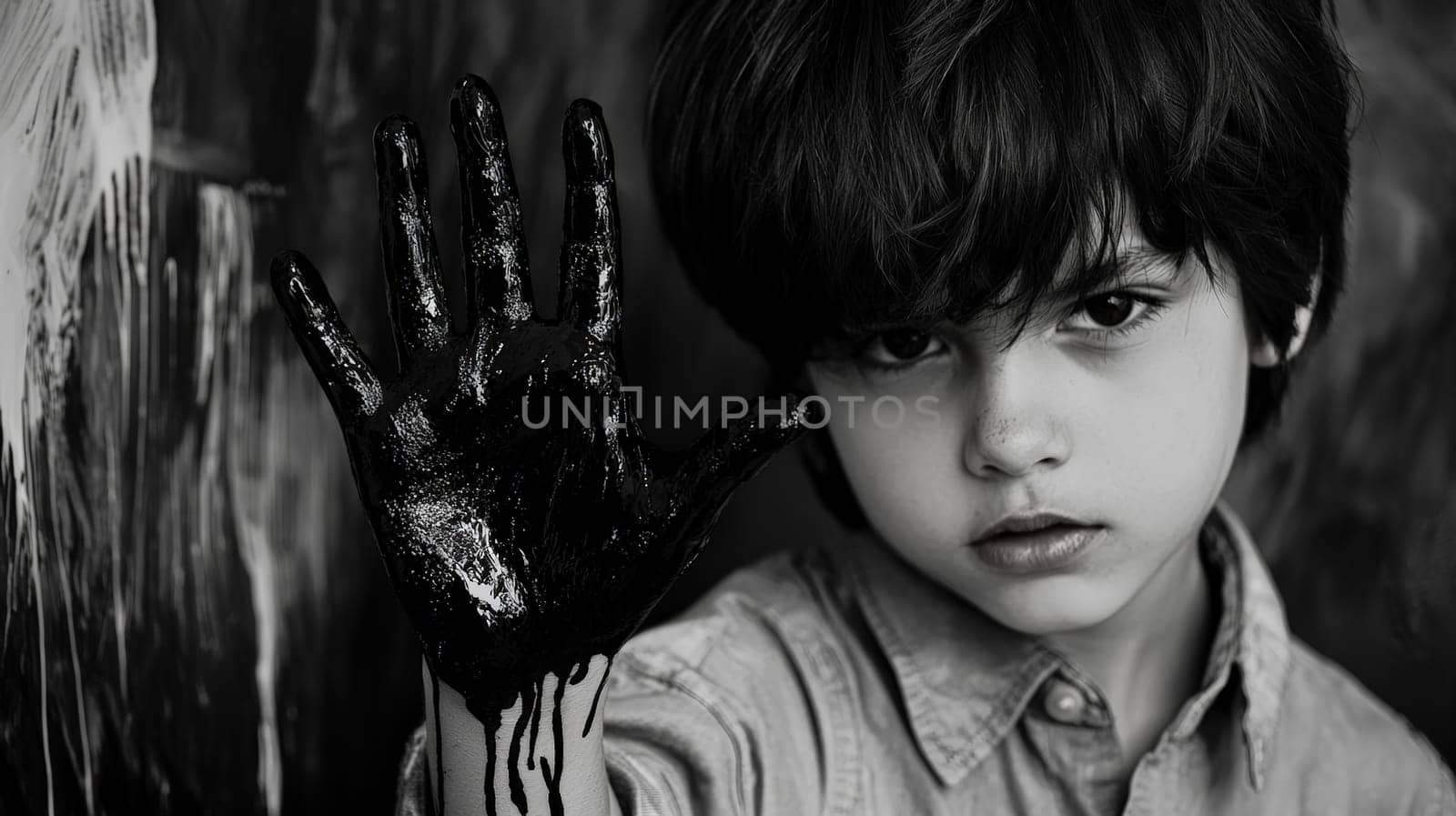 A close-up image featuring a boy's hand covered in dark black ink, capturing an expressive and bold gesture. The dark ink against youthful skin highlights a unique moment of curiosity and creativity, rendered in striking contrast.