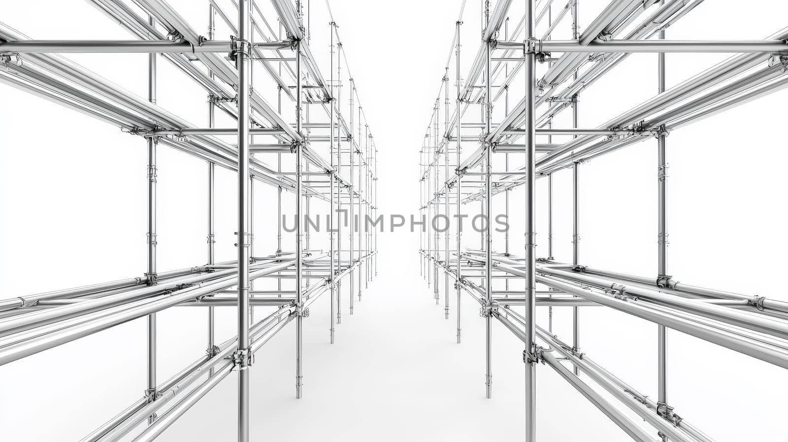 A realistic front-facing photograph showcasing a single, wide scaffolding structure made of new, polished steel. Set against a clean, neutral white background, this image highlights the simplicity and industrial precision of construction equipment