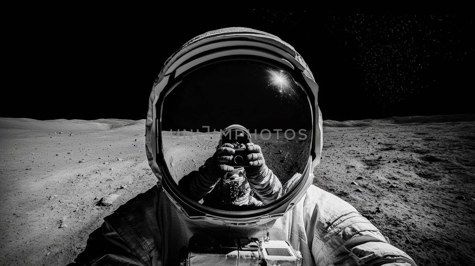 A close-up of an astronaut’s helmet, capturing the vast gray lunar surface beneath a pitch-black sky. Reflected in the visor is a fellow astronaut holding a camera, creating a striking visual of lunar exploration and human presence on the moon.