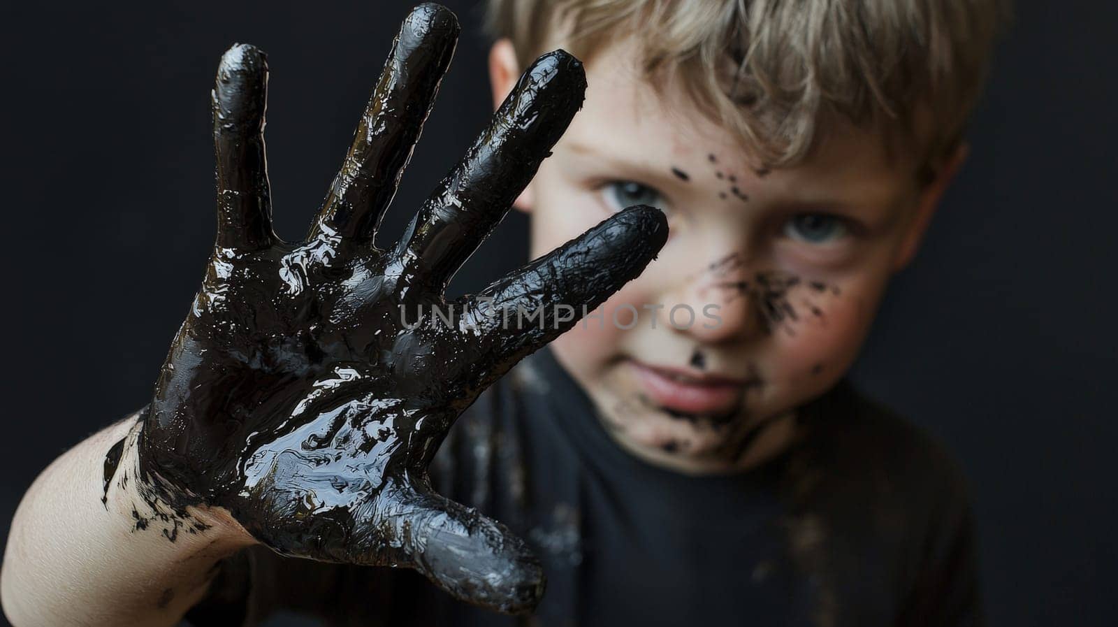 A close-up image featuring a boy's hand covered in dark black ink, capturing an expressive and bold gesture. The dark ink against youthful skin highlights a unique moment of curiosity and creativity, rendered in striking contrast.