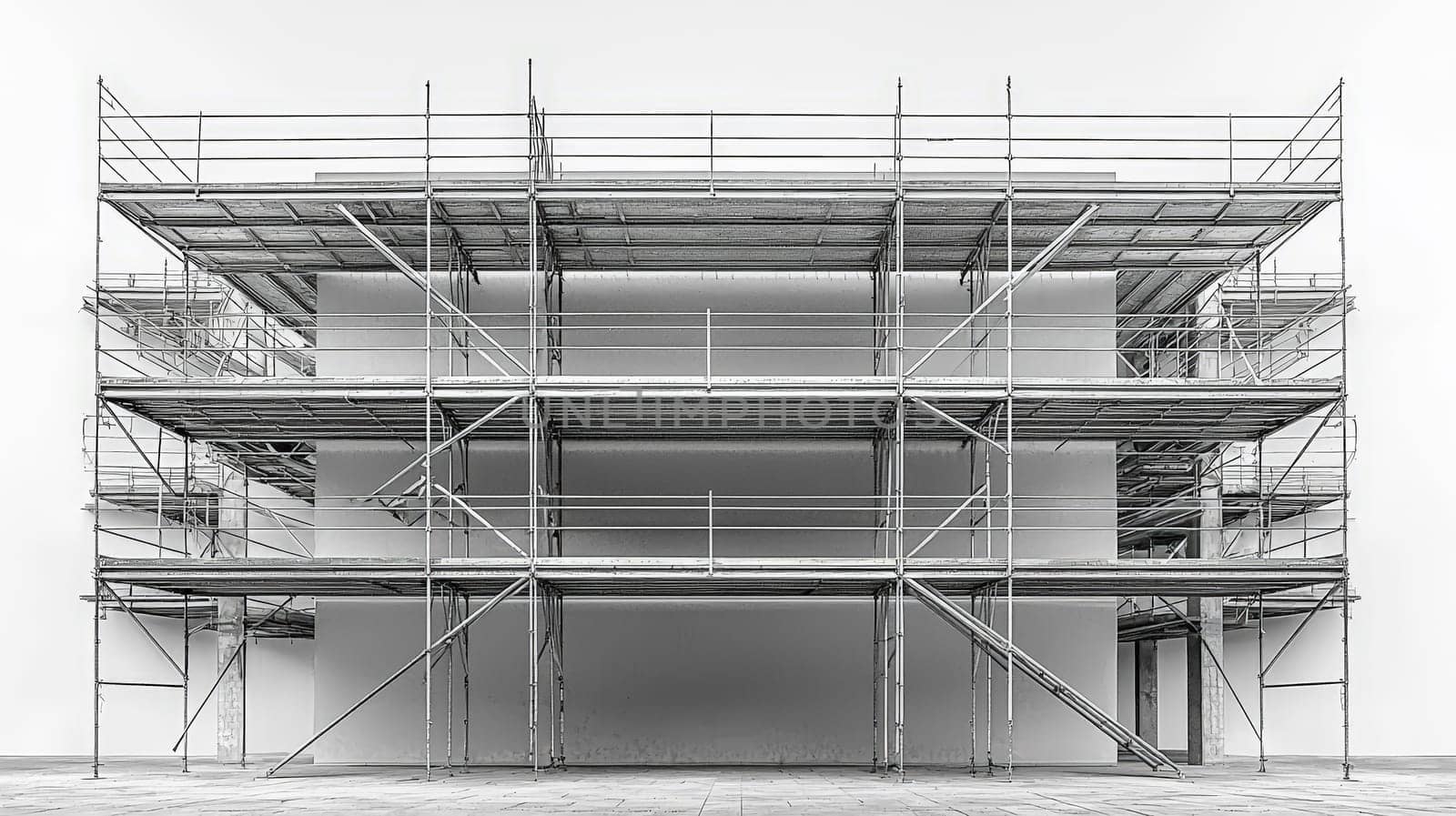 A realistic front-facing photograph showcasing a single, wide scaffolding structure made of new, polished steel. Set against a clean, neutral white background, this image highlights the simplicity and industrial precision of construction equipment