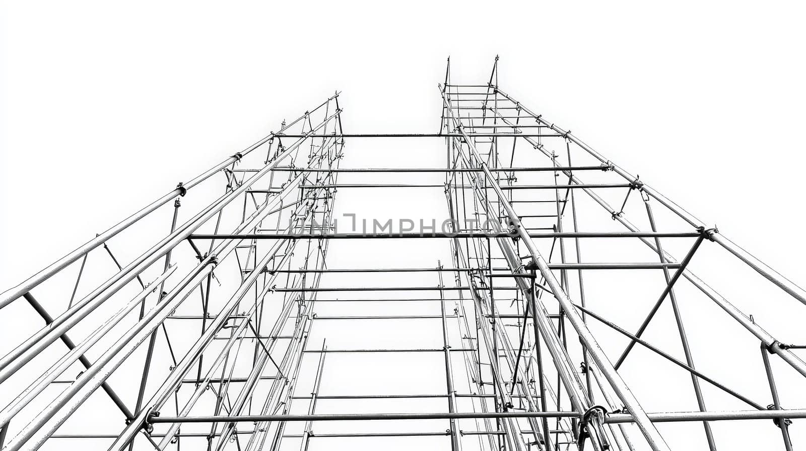 A realistic front-facing photograph showcasing a single, wide scaffolding structure made of new, polished steel. Set against a clean, neutral white background, this image highlights the simplicity and industrial precision of construction equipment