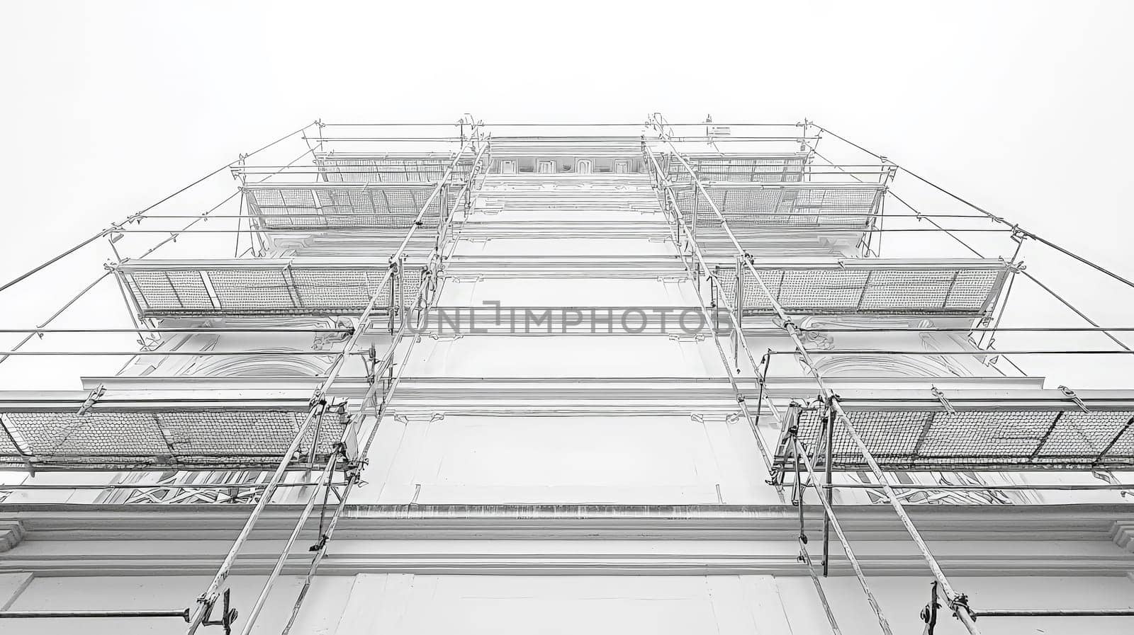 A realistic front-facing photograph showcasing a single, wide scaffolding structure made of new, polished steel. Set against a clean, neutral white background, this image highlights the simplicity and industrial precision of construction equipment