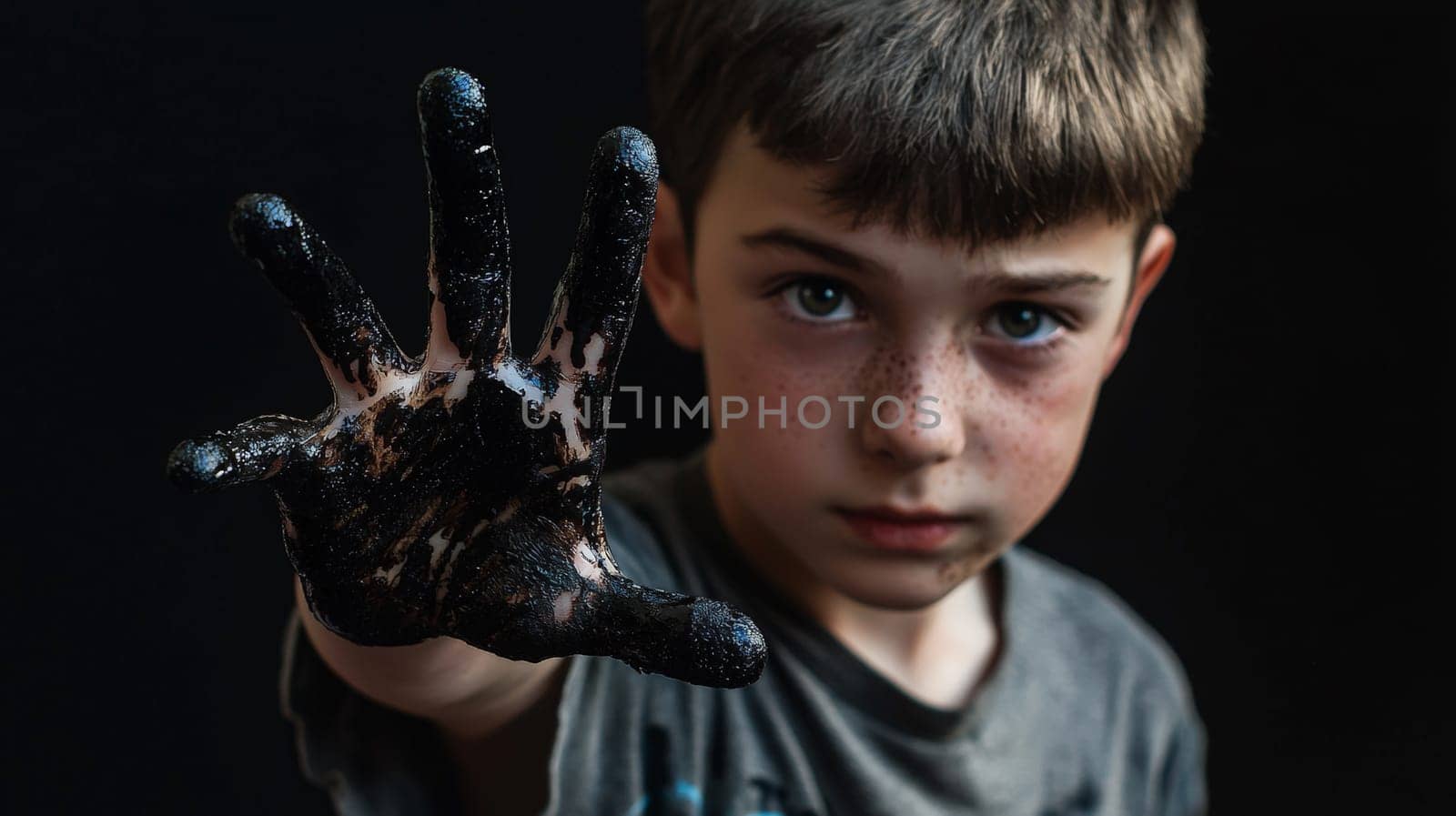 A close-up image featuring a boy's hand covered in dark black ink, capturing an expressive and bold gesture. The dark ink against youthful skin highlights a unique moment of curiosity and creativity, rendered in striking contrast.