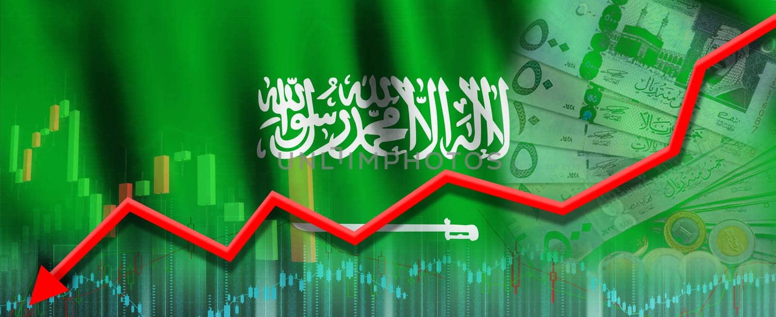 Saudi Arabia financial crisis on economic graph. Financial fall of Saudi Arabia economy on market graph