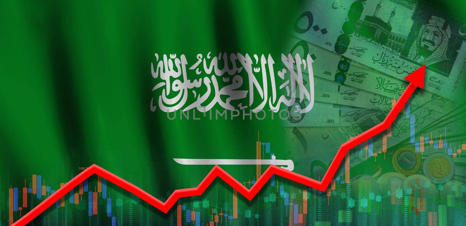 Saudi Arabia economy growth on financial graph. Saudi Arabia flag on financial growth graph
