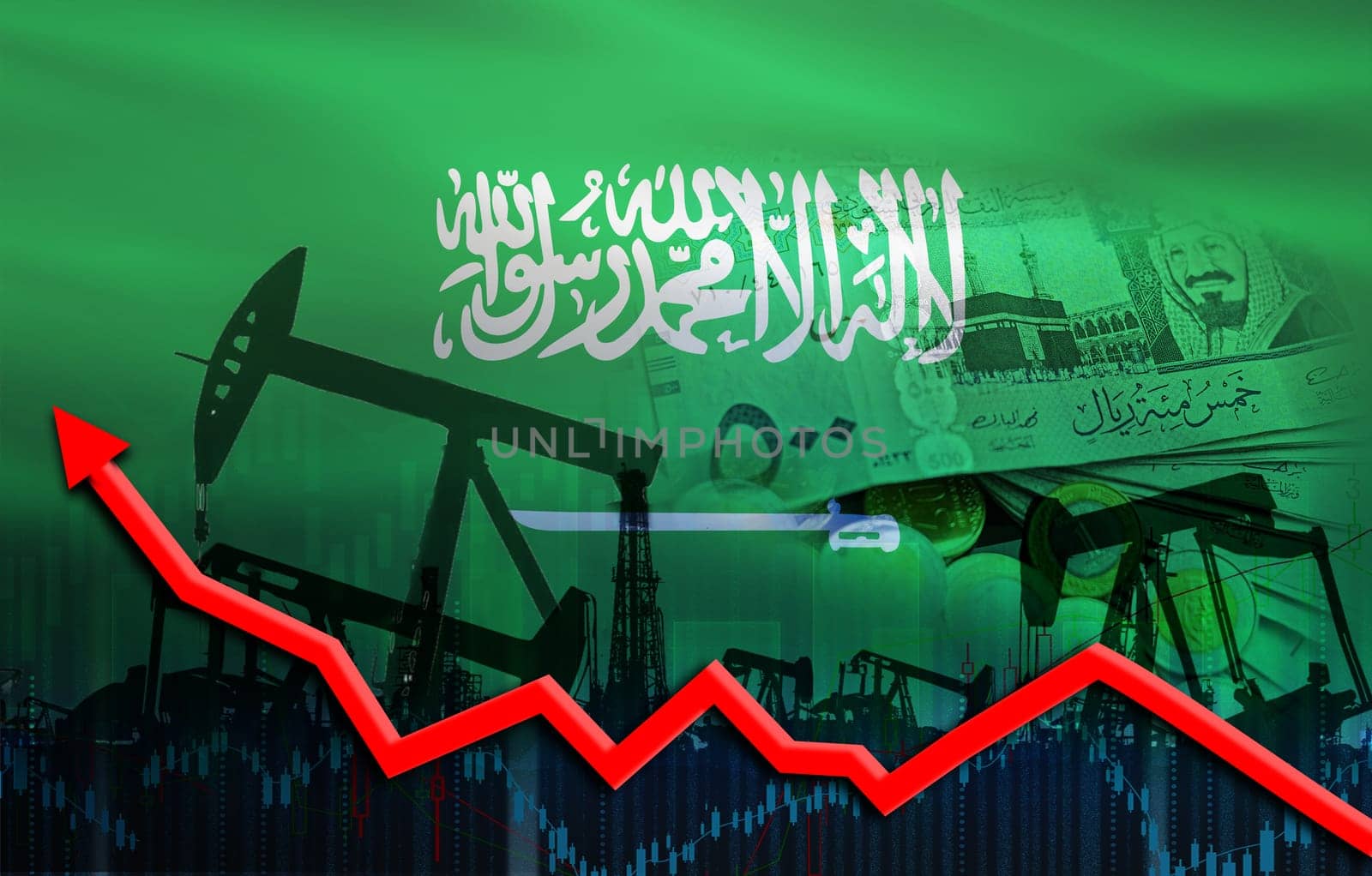 Oil production with Saudi Arabia flag, petrol industry. Oil pumps with Saudi flag