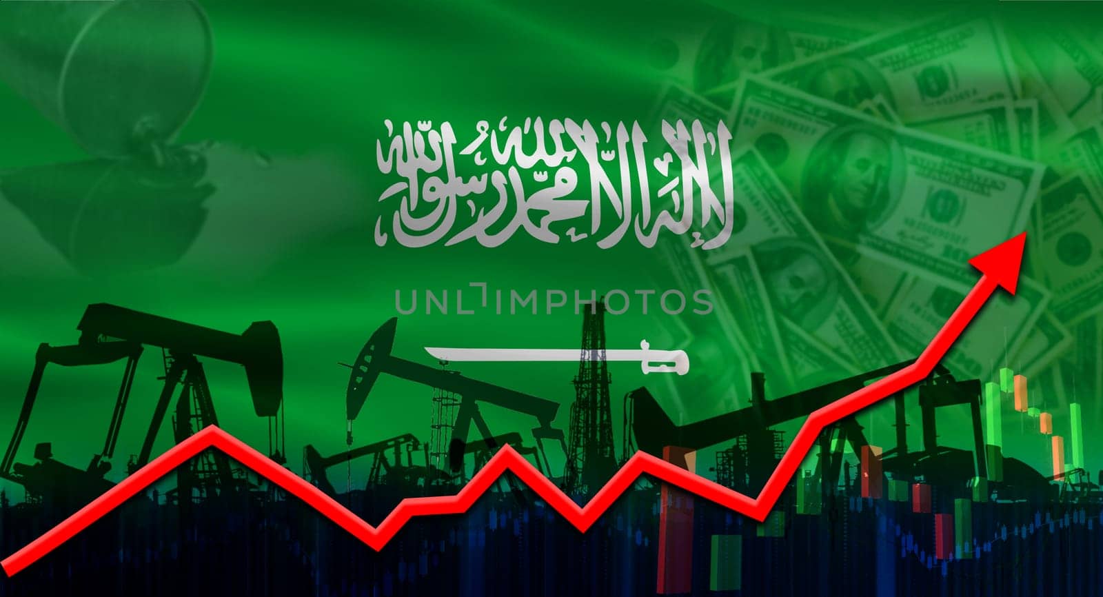 Oil pumps with Saudi flag. Oil production with Saudi Arabia flag, petrol industry