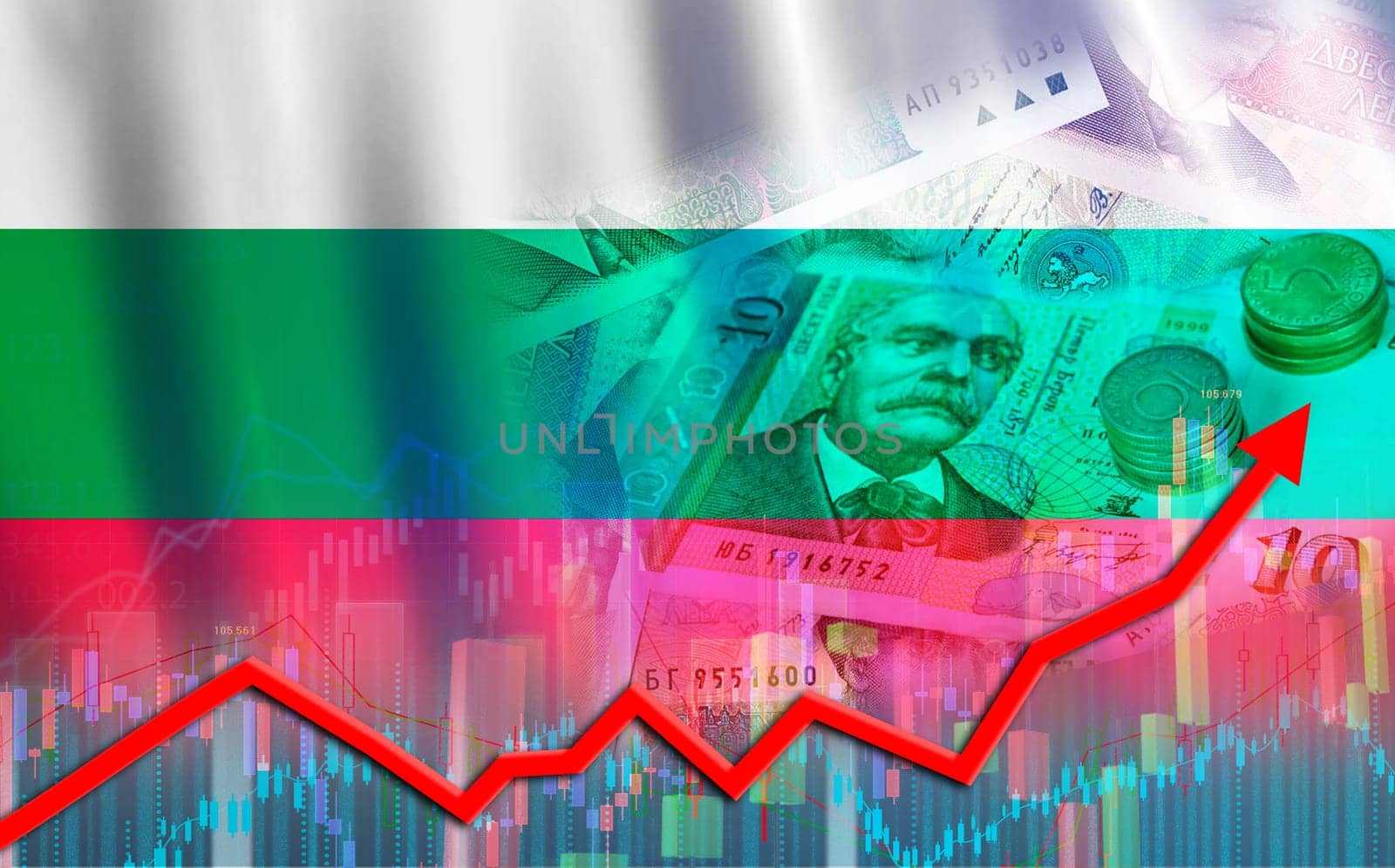 Bulgaria economy growth on financial graph. Bulgarian financial growth, economic recovery