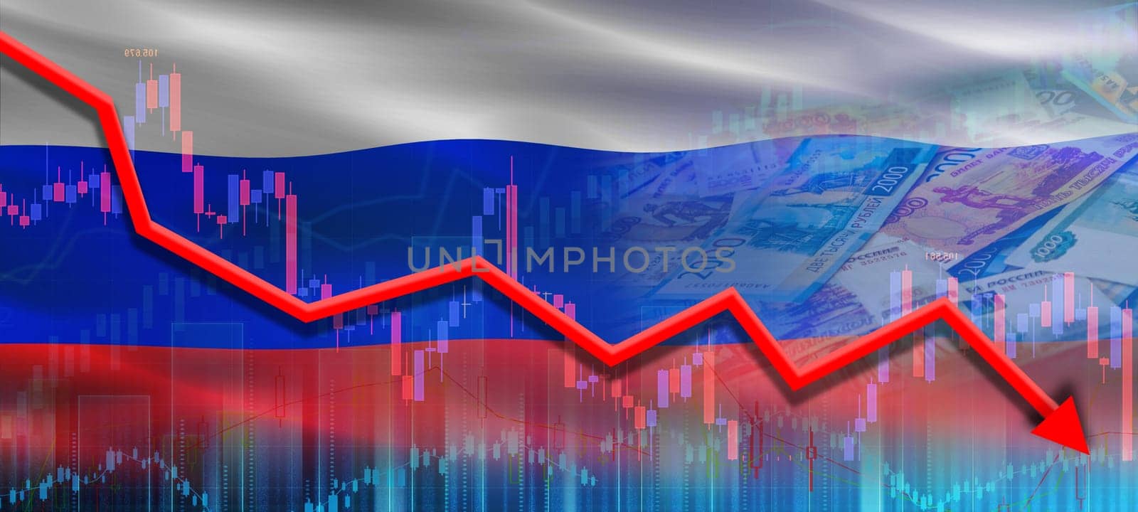 Financial fall of Russia economy on market graph. Russian financial crisis on economic graph, economic collapse