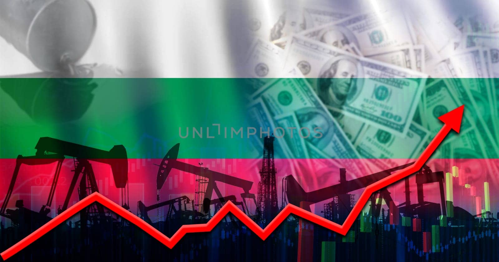 Oil pumps with Bulgaria flag. Oil production with flag of Bulgaria, petroleum industry