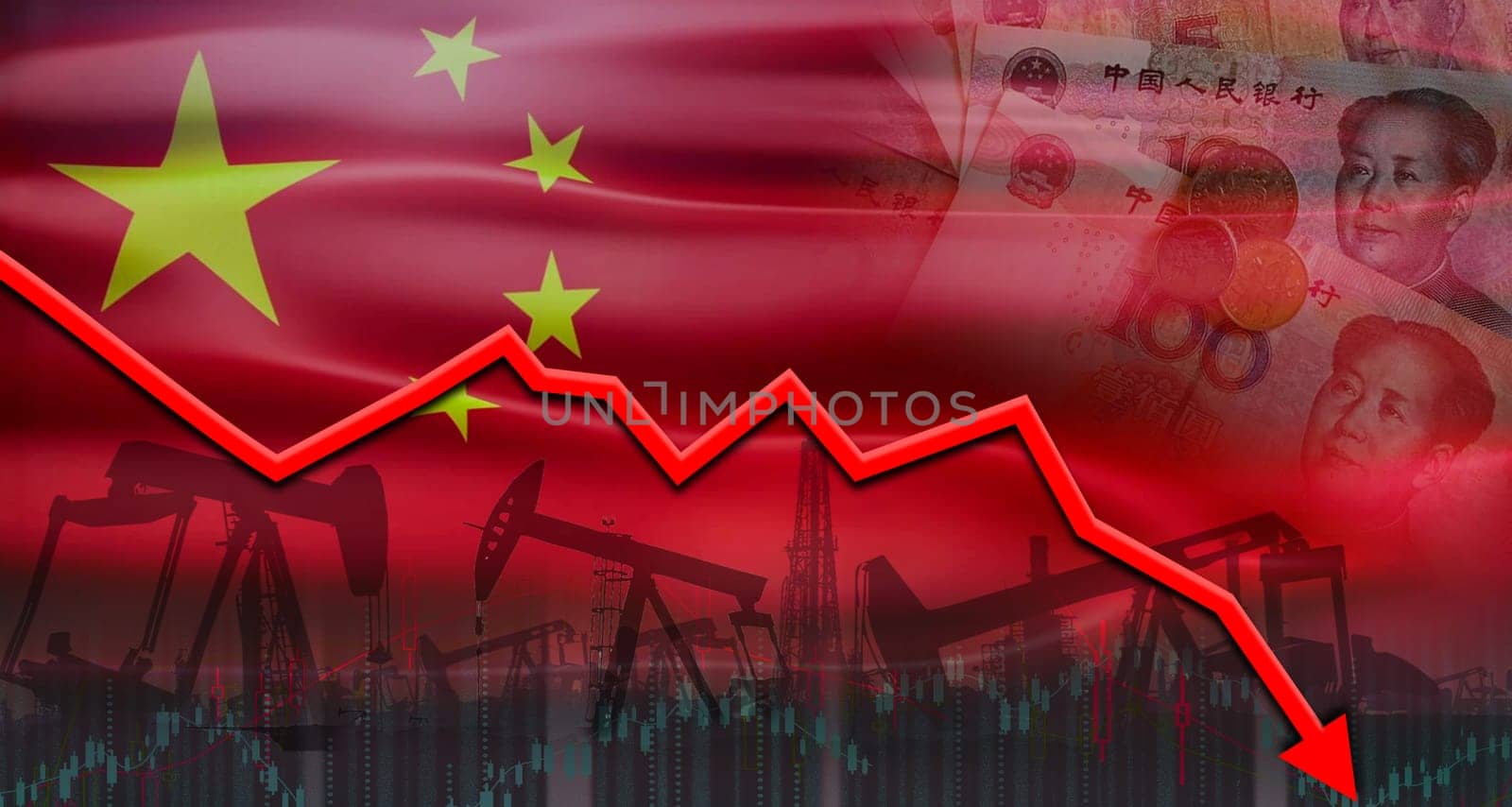 Oil crisis with the flag of China on the economic graph. Oil crisis concept with china flag