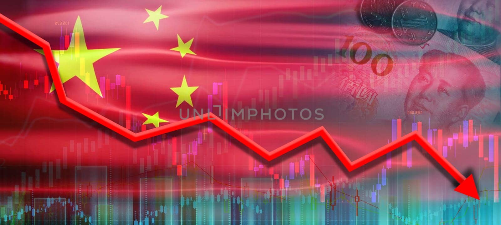 Financial fall of the Chinese economy on financial graph. China financial crisis on economic graph, economic collapse