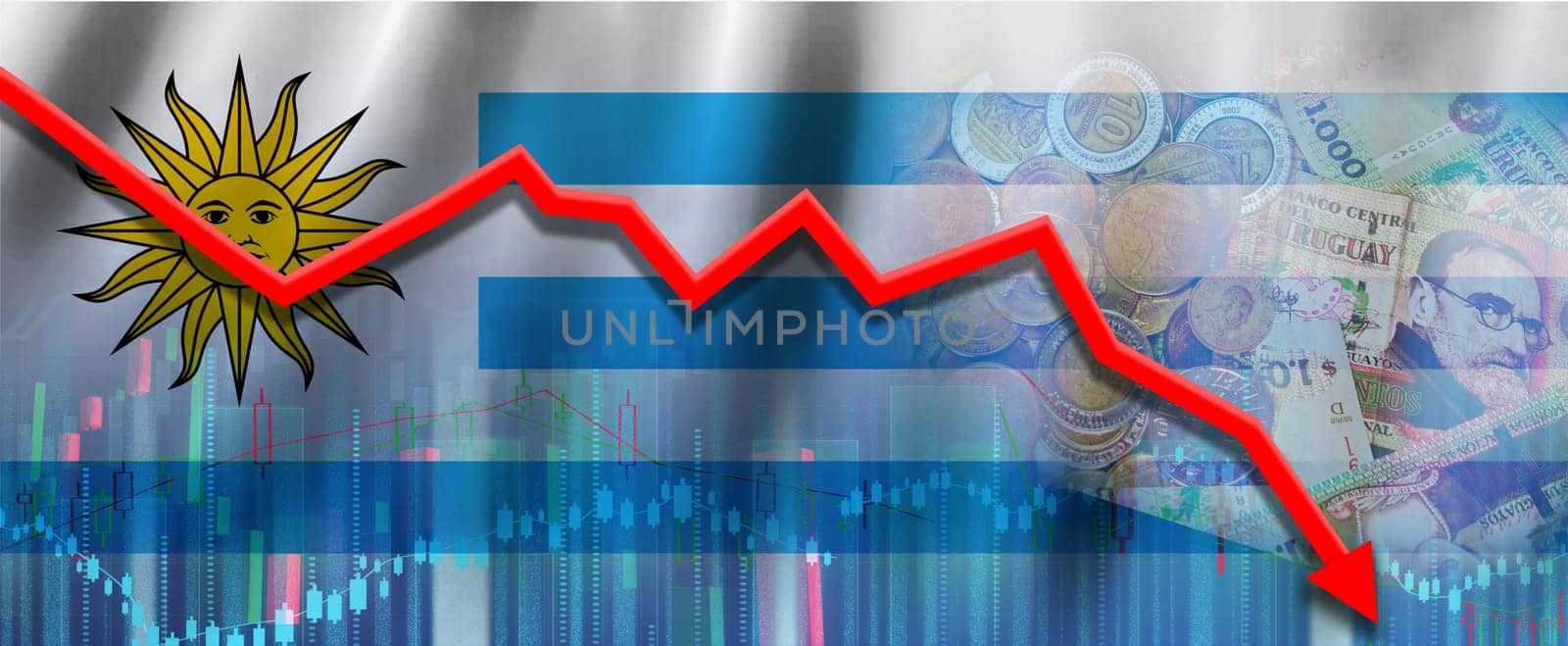 Uruguay financial crisis on economic graph. Financial fall of Uruguay economy on financial graph
