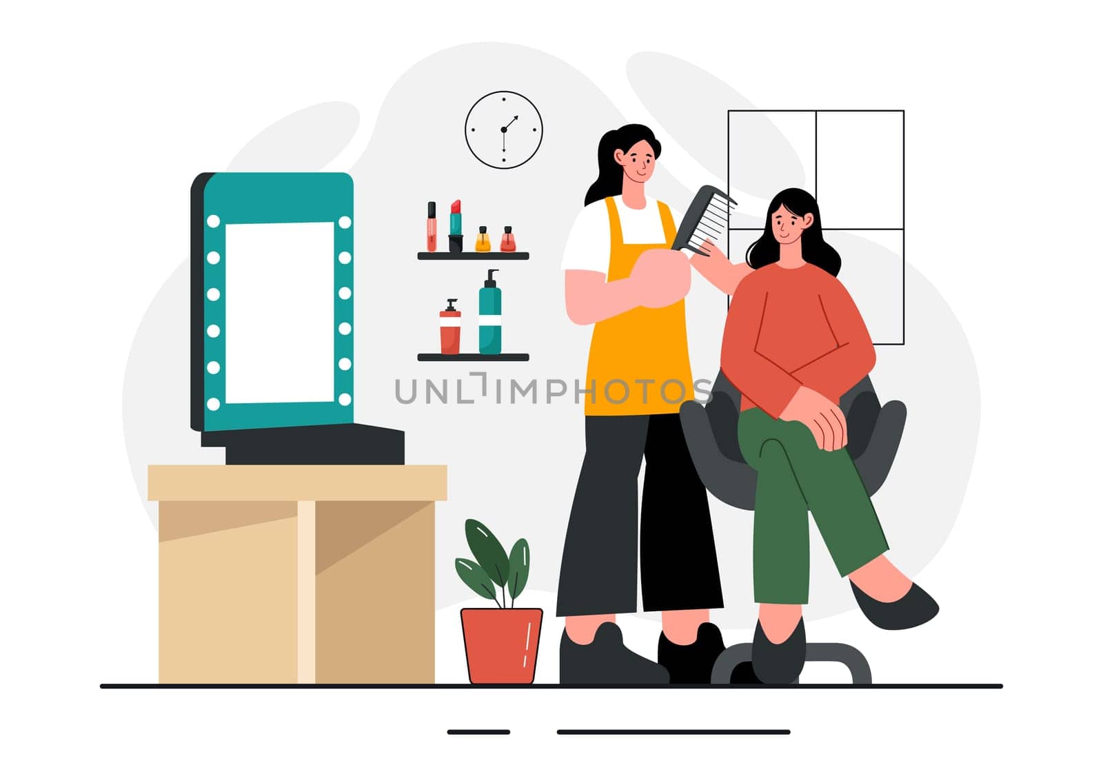 Beauty and Makeup School Vector Illustration featuring Various Cosmetic Products and Beautiful Girls Learning to Apply Make up in a Background