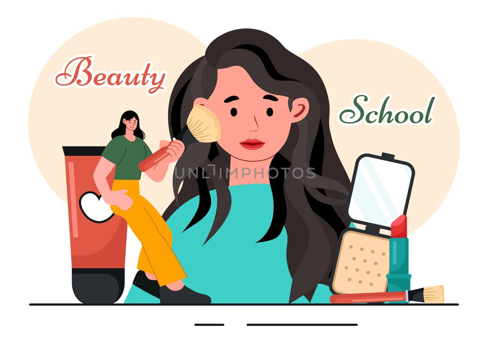 Beauty and Makeup School Vector Illustration featuring Various Cosmetic Products and Beautiful Girls Learning to Apply Make up in a Background