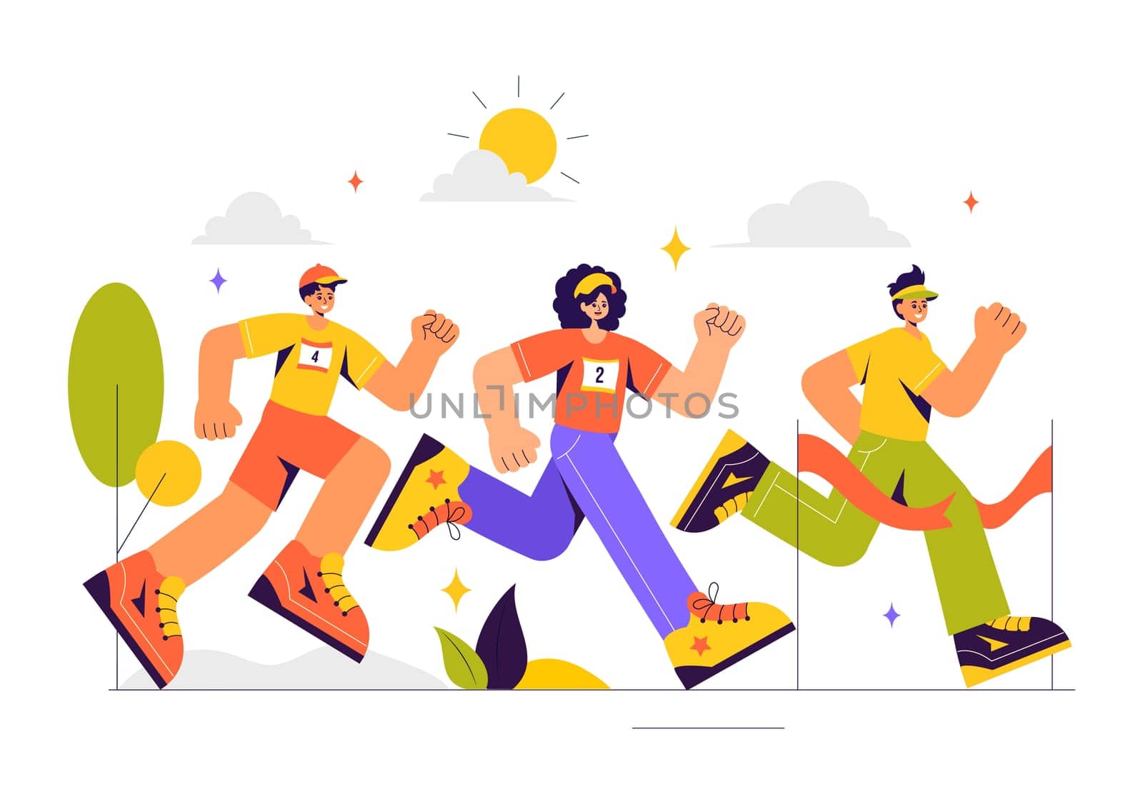 Marathon Race Vector Illustration featuring People Running and Jogging in a Sport Tournament, Racing Toward the Finish Line in a Flat Style Background