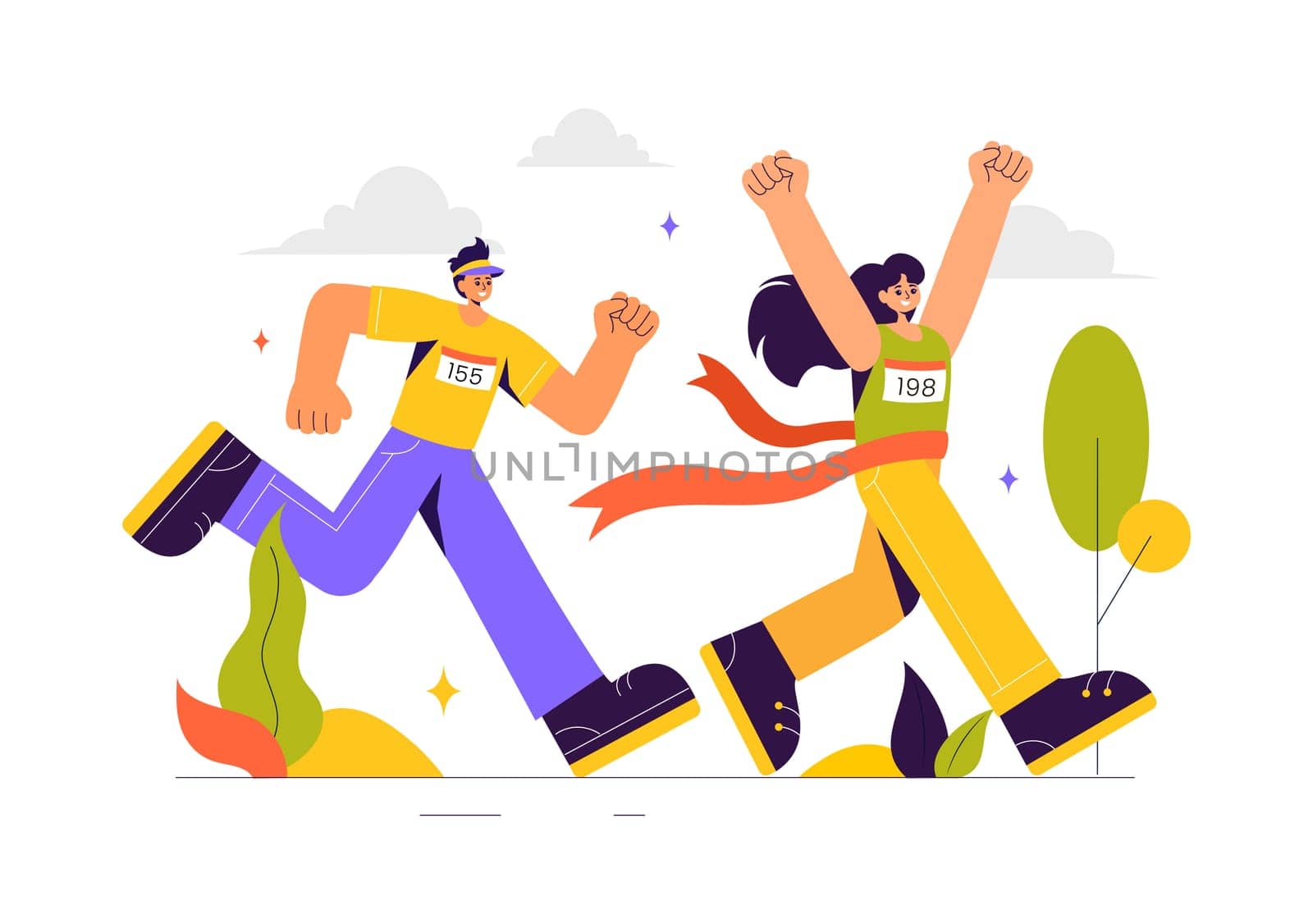 Marathon Race Vector Illustration featuring People Running and Jogging in a Sport Tournament, Racing Toward the Finish Line in a Flat Style Background