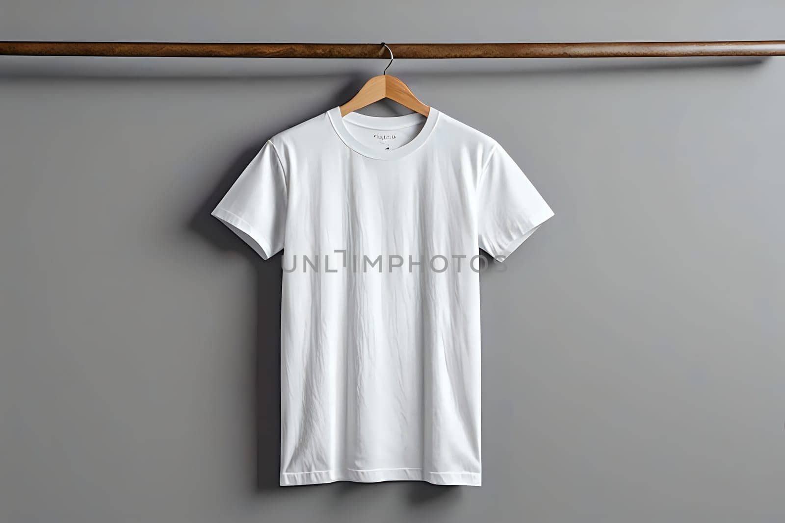 Classic white t-shirt mock-up on wooden hanger against grey background. AI Image