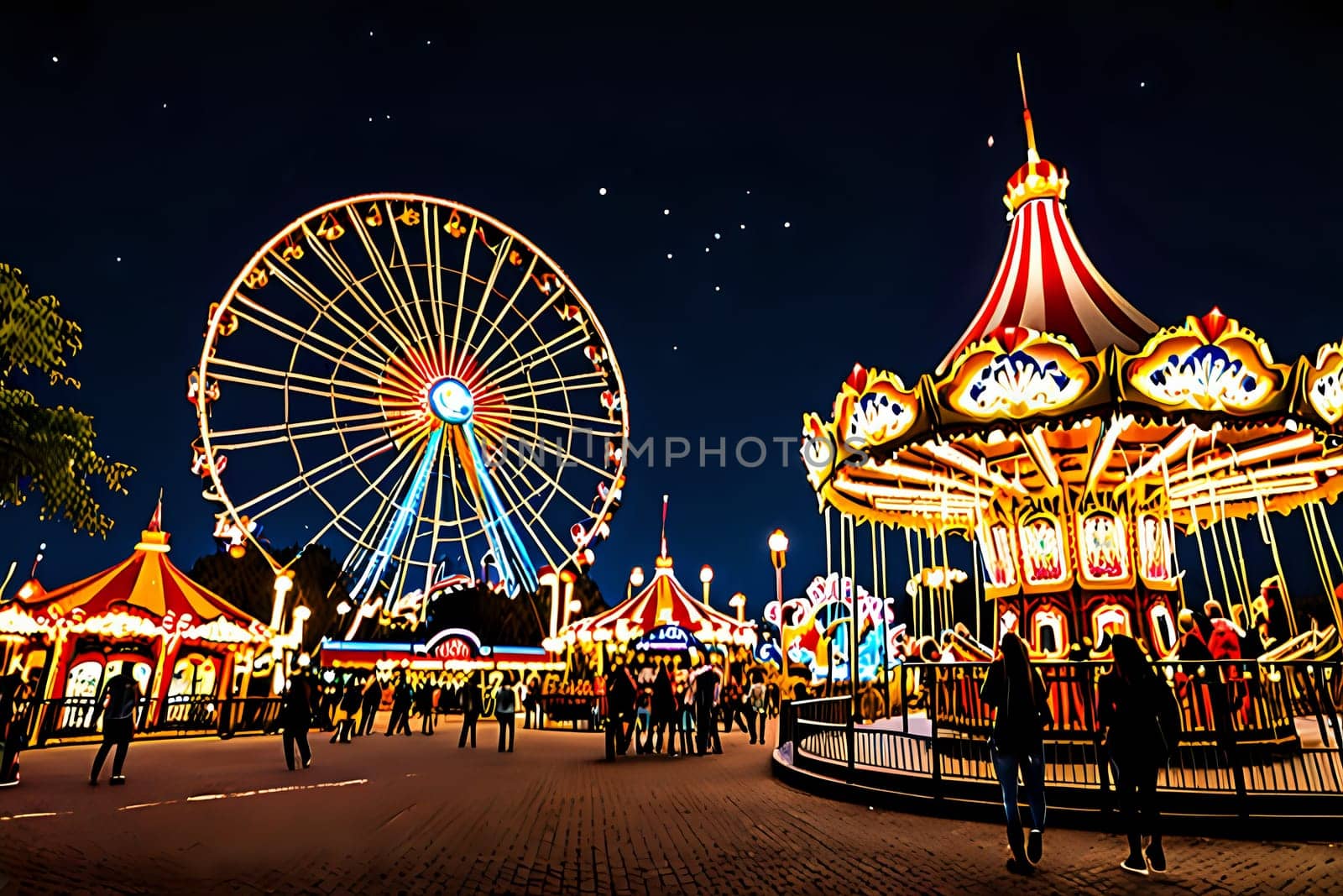 Theme park at night with vibrant lights illuminating tall roller coasters. AI Image