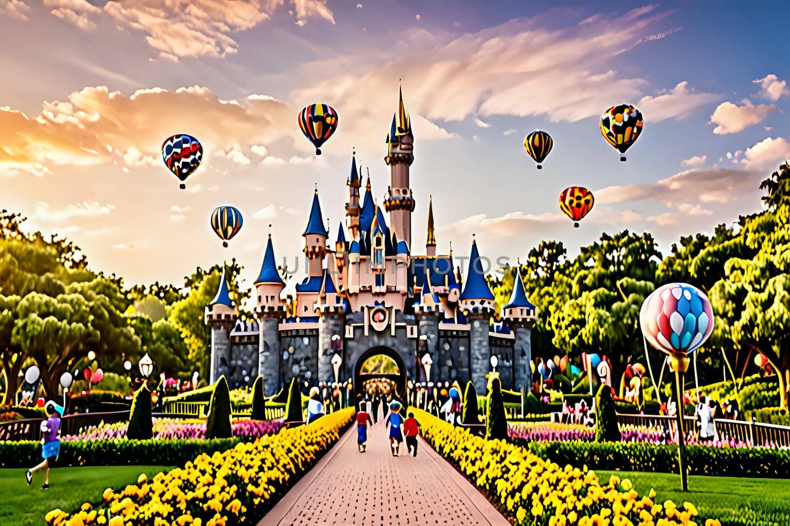 Lush green landscape with sprawling theme park and classic attractions. AI Image