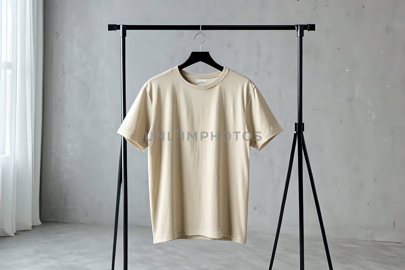 Bright airy studio with unisex t-shirt mock-up on hanger for fashion display. AI Image