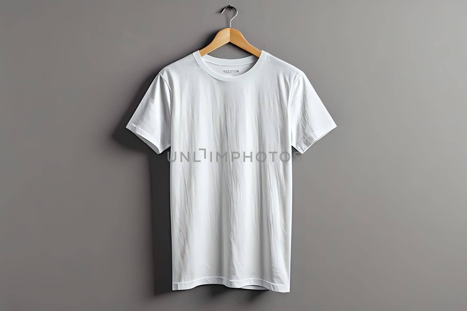 White t-shirt mock-up hanging on a wooden hanger with grey background. AI Image