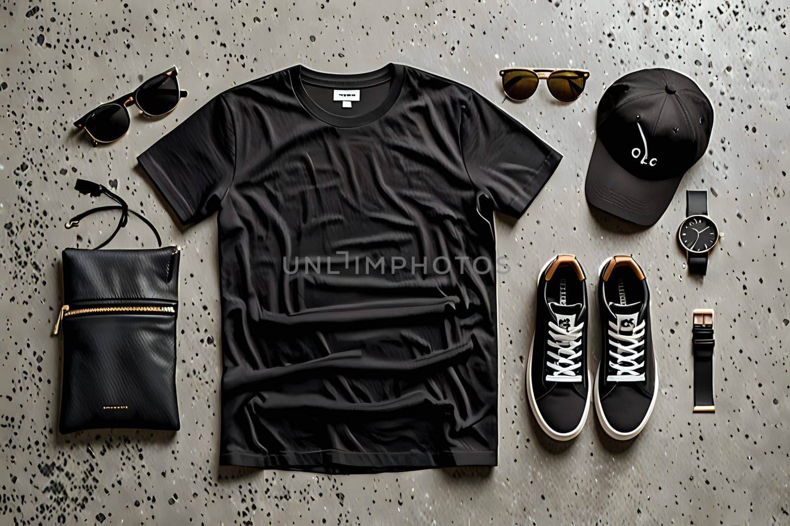 Black t-shirt mock-up laid flat on concrete surface with texture for display. AI Image