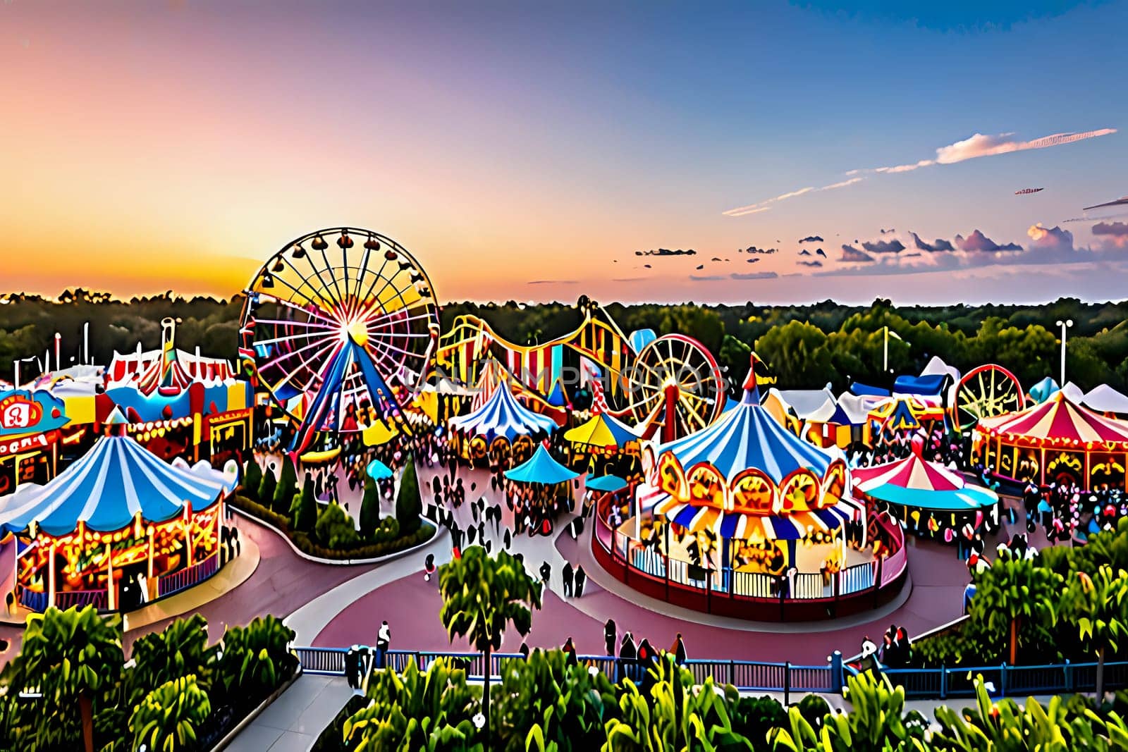 Vibrant and bustling theme park filled with excitement and adventure for families. AI Image