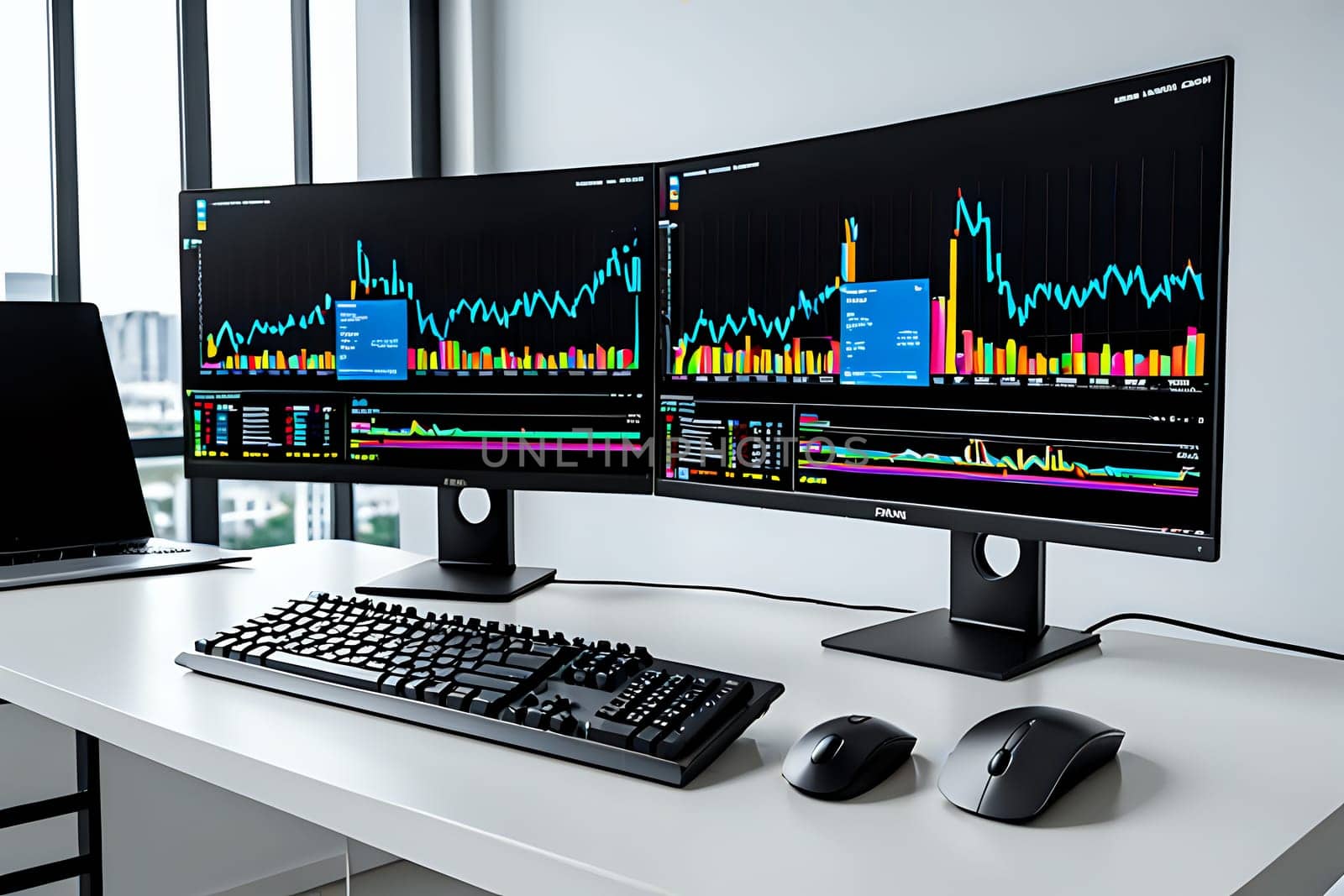 Financial stock graphics on two monitors with keyboard on work desk. AI Image