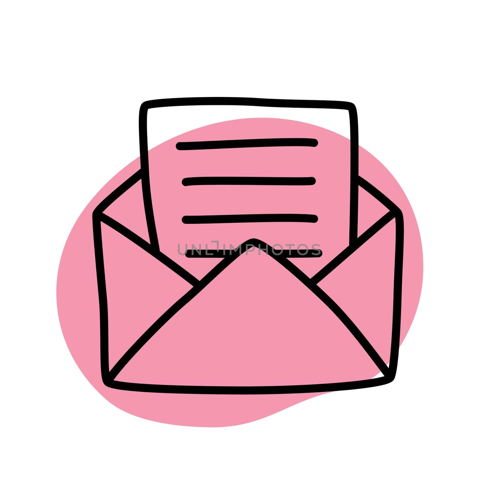 Doodle Open envelope with letter icon or logo, hand drawn with thin black line. Isolated on white background. Vector illustration
