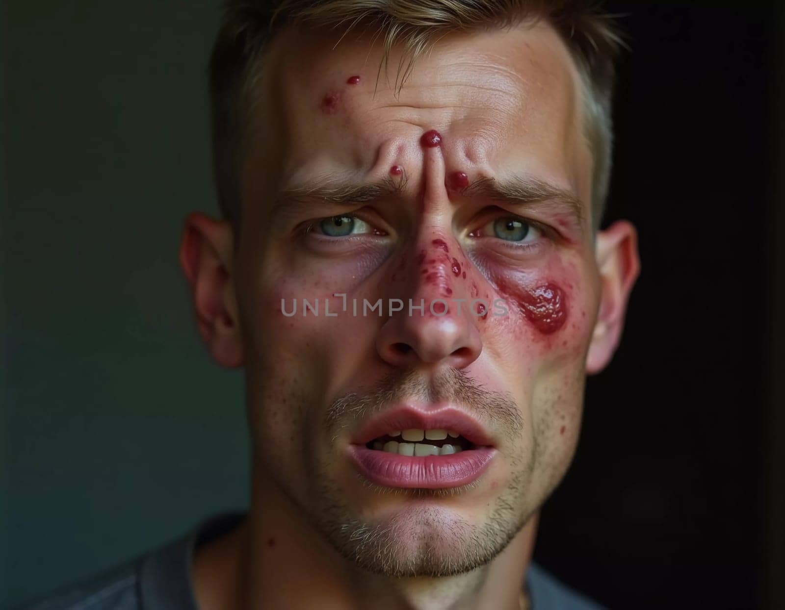 A close-up portrait of a man displaying pimple-like lesions on his face, indicative of monkeypox. His expression conveys concern about the symptoms he is experiencing. Generative AI.