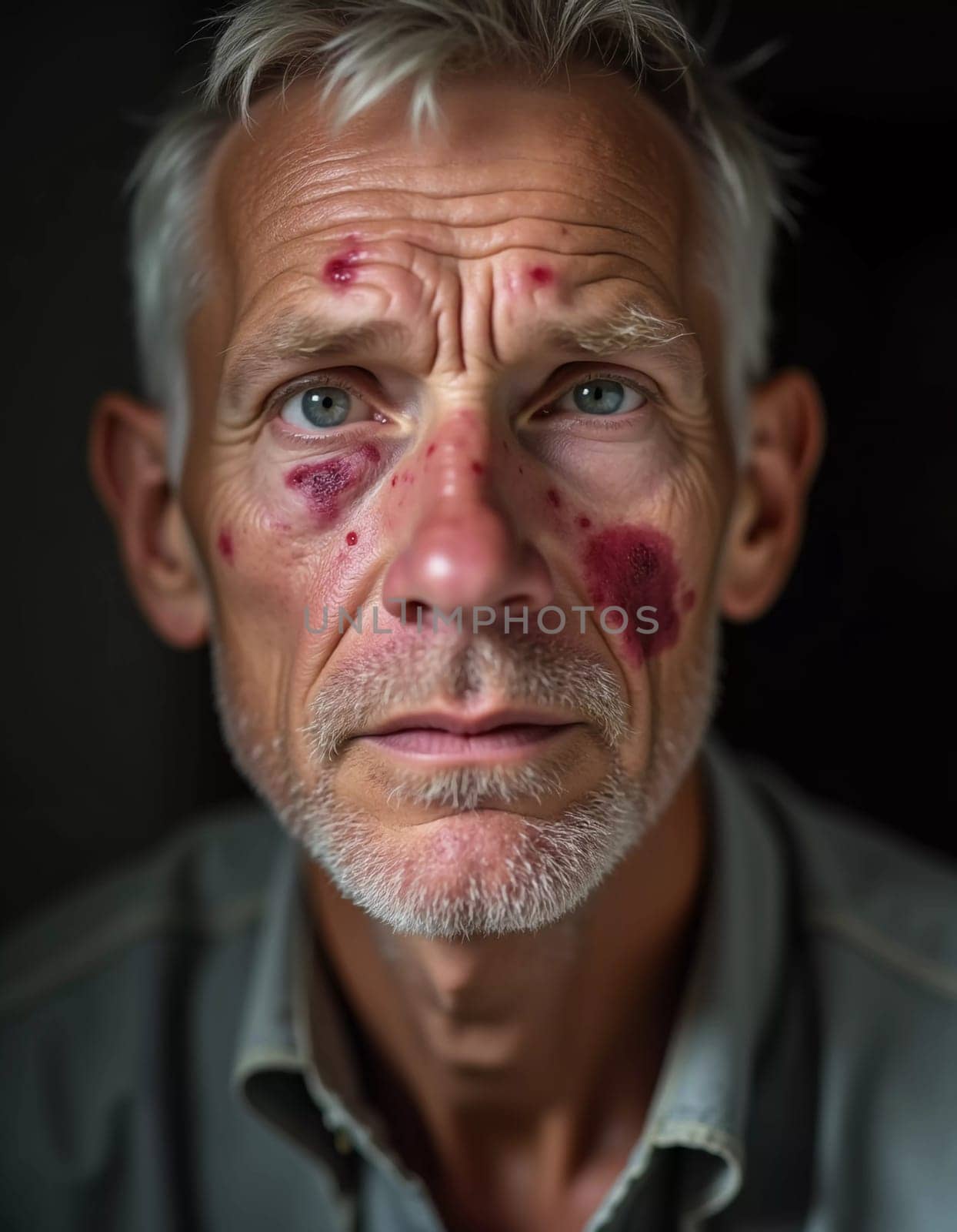 A close-up portrait of a man displaying pimple-like lesions on his face, indicative of monkeypox. His expression conveys concern about the symptoms he is experiencing. Generative AI.