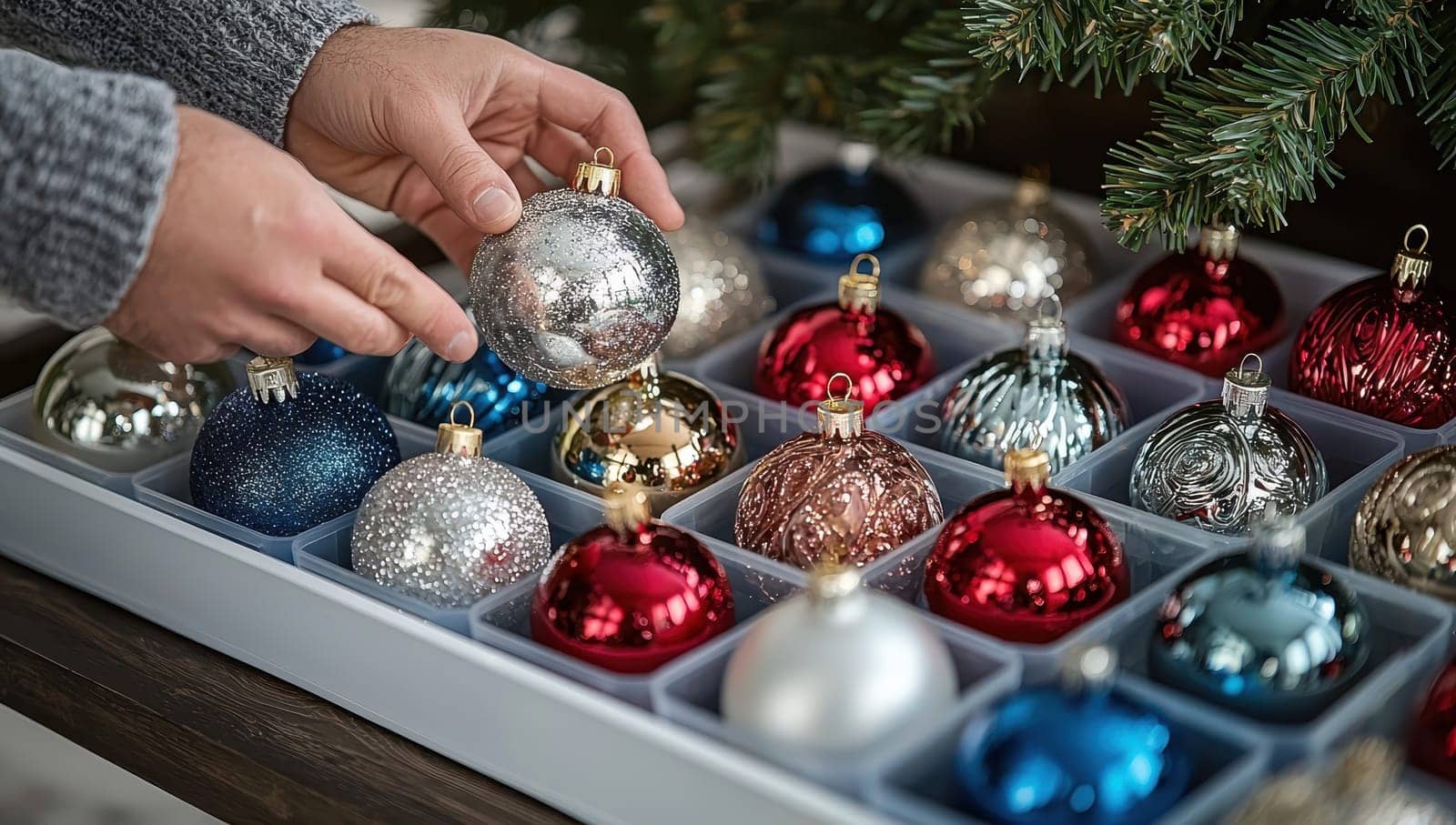 Hands arranging colorful Christmas ornaments, preparing for holidays. Concept of Christmas decoration, festive spirit, holiday preparation