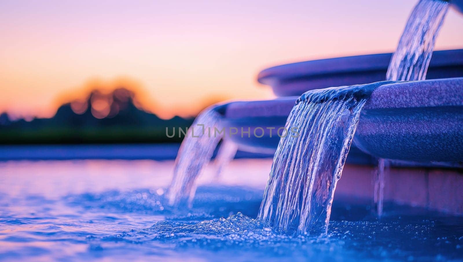 Tranquil Water Fountain at Sunset, Serenity and Relaxation