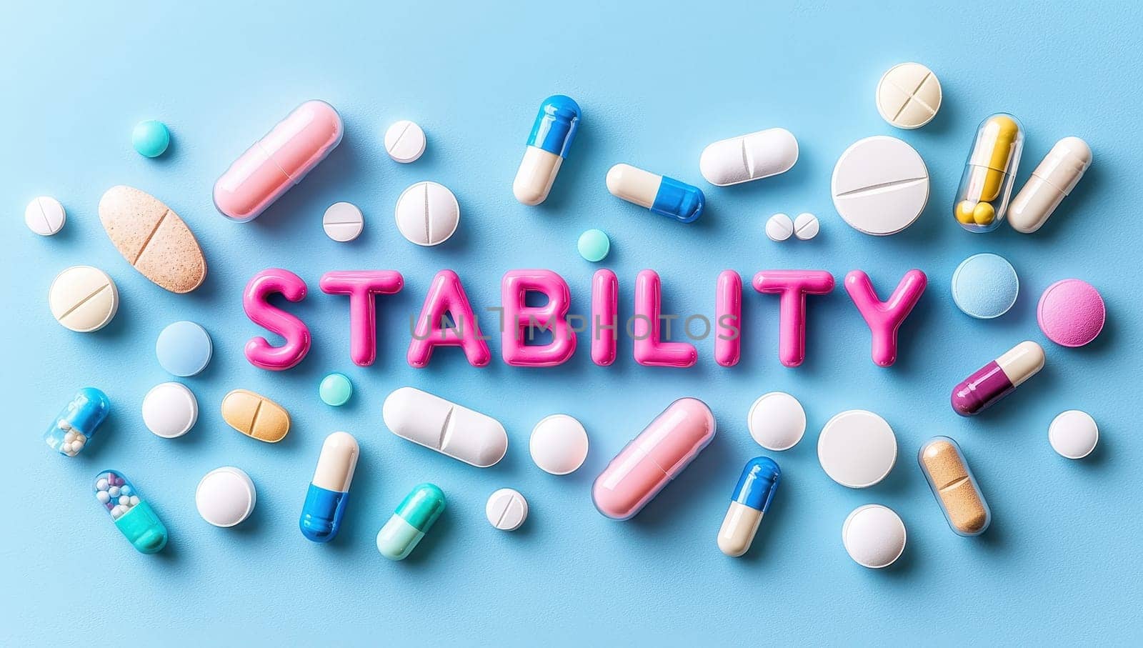 Stability spelled out with colorful pills. Concept of mental health, medication, and well being.