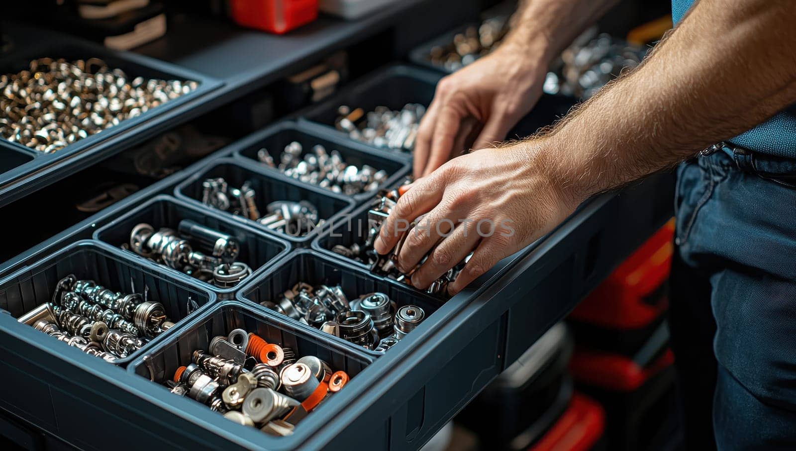 Close up of a mechanic hands sorting through a toolbox drawer filled with various nuts, bolts, and fasteners. Concept of organization, repair, workshop.