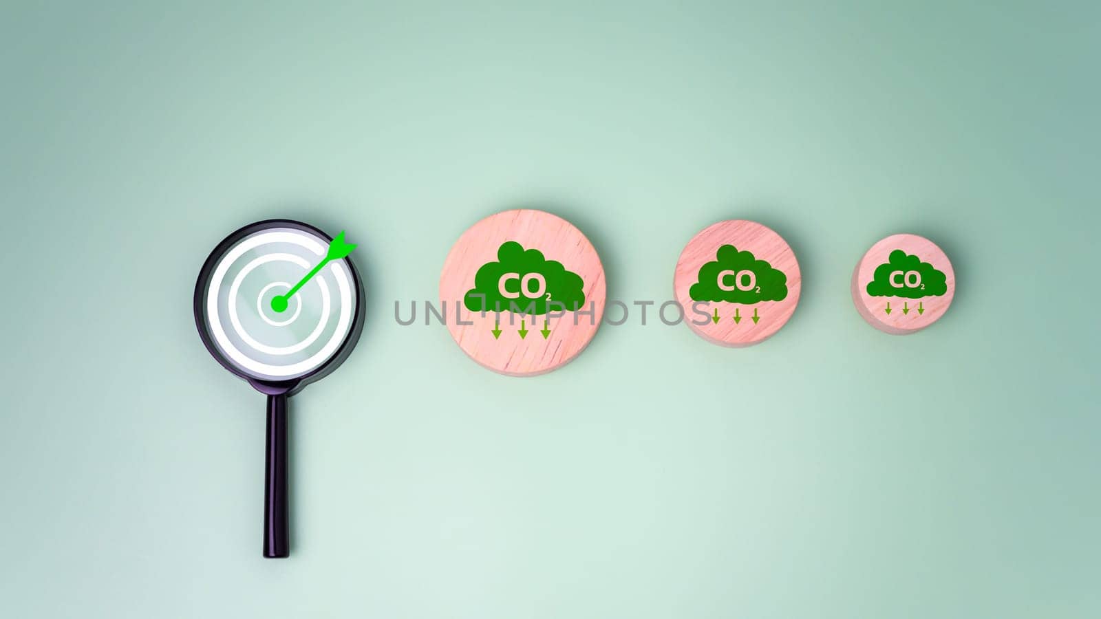 Circle plank with green cloud icon and dartboard focus magnifying glass on white background, Net zero by 2050, Net zero green house gas emissions target, Climate neutral long term strategy.