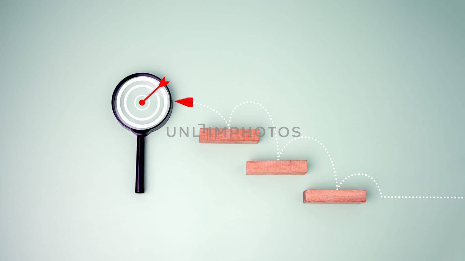 Block step on green background with target board icon on magnifying glasses, Goal of business, Success and business target concept, Project management, company strategy, Business Obstacles and Risks.