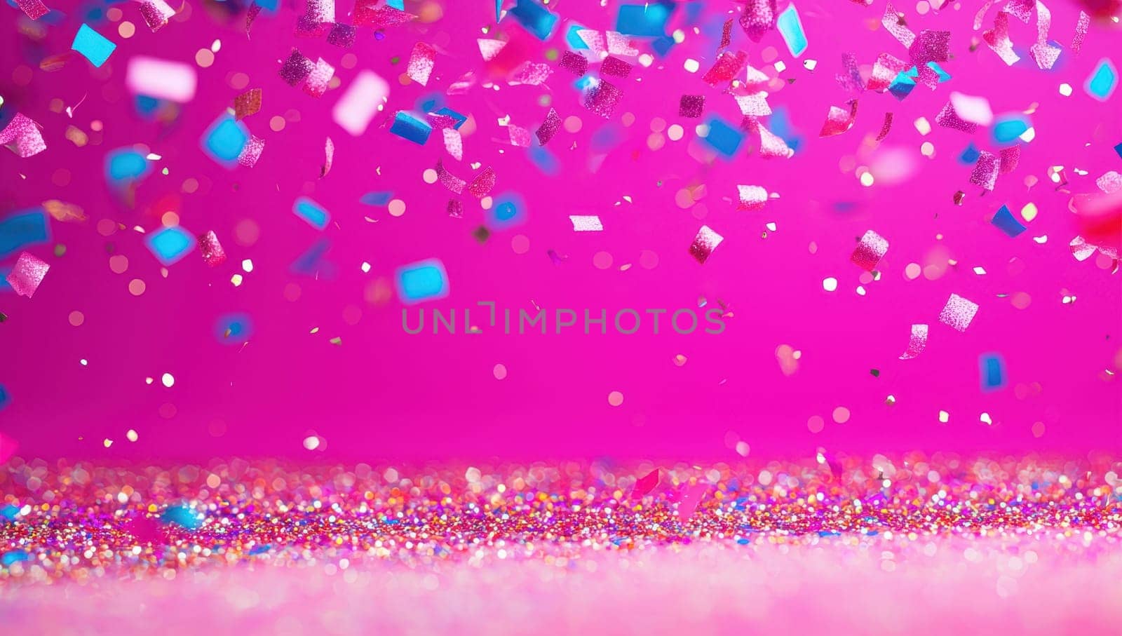 Festive pink background with falling confetti. Concept of celebration, party, joy.