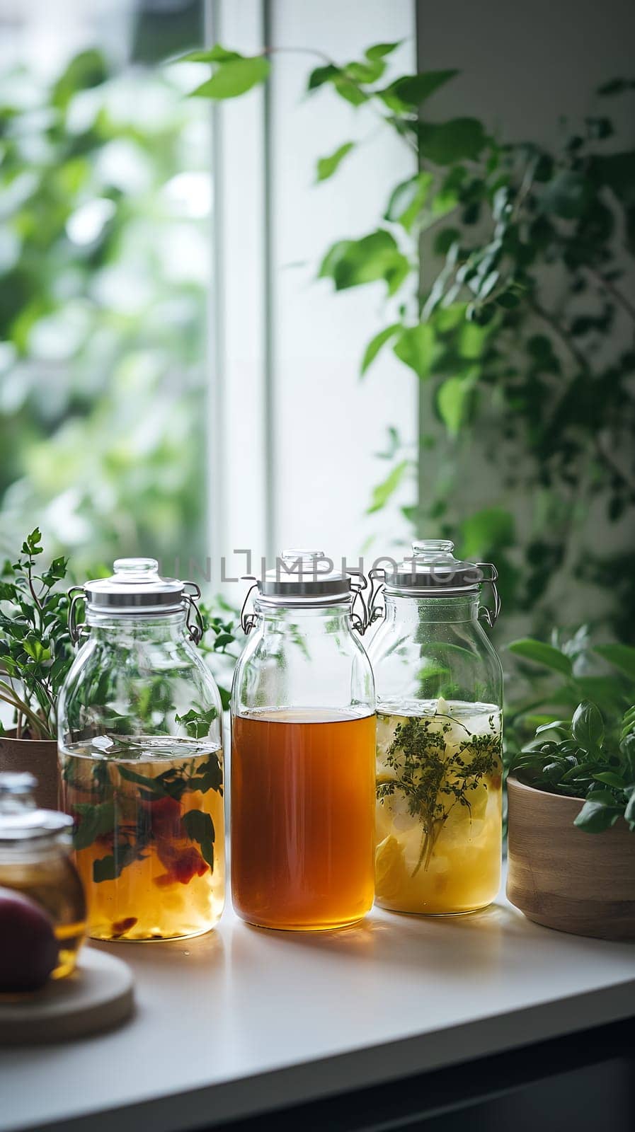 Glass jars with herbal and fruit infused drinks near window with fresh herbs and natural lighting, healthy beverage concept.
