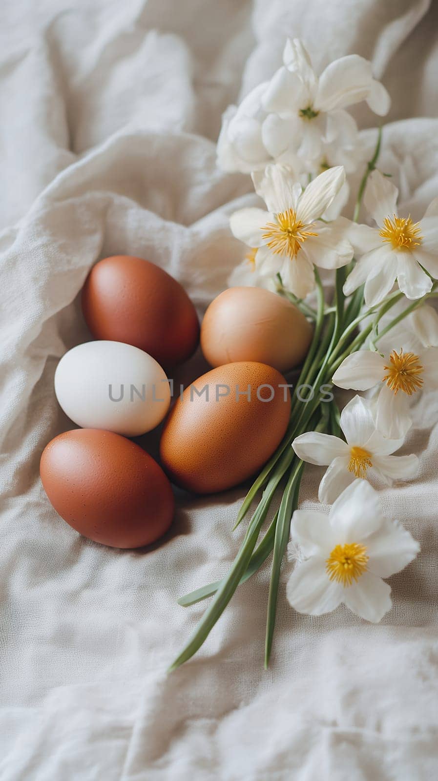 Fresh brown and white eggs with blooming white flowers on soft linen fabric, creating rustic spring composition with natural elements.