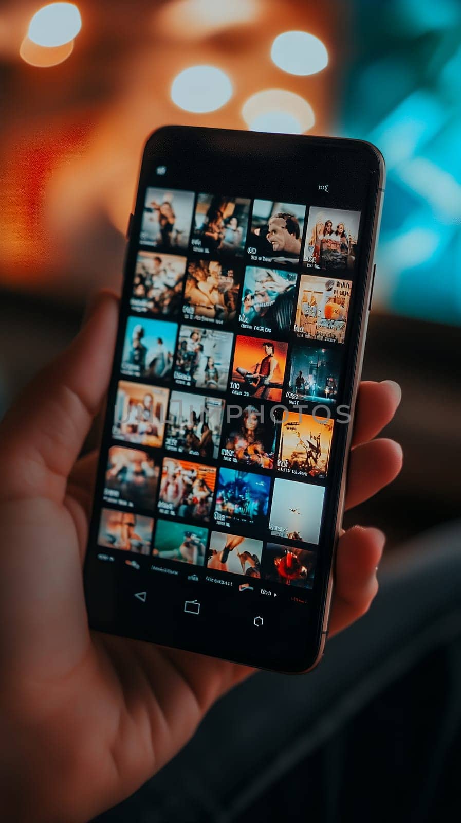 A smartphone displaying multiple movie thumbnails, illustrating the digital entertainment and streaming era.