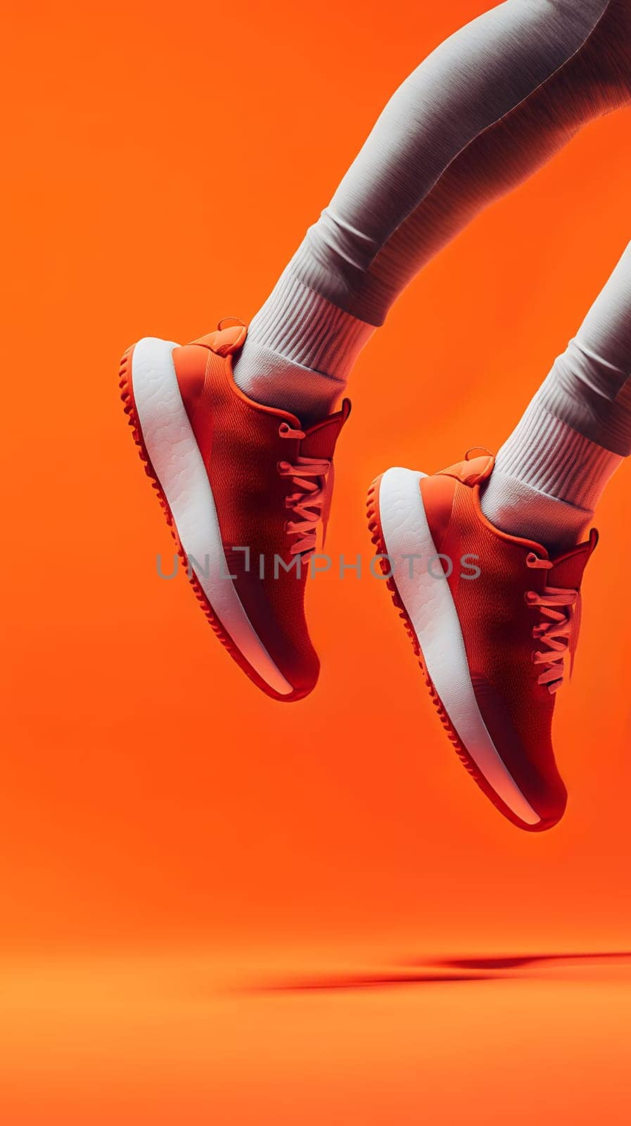 Floating red athletic sneakers with white soles against vibrant orange background, minimalist sport footwear product photography with copy space.